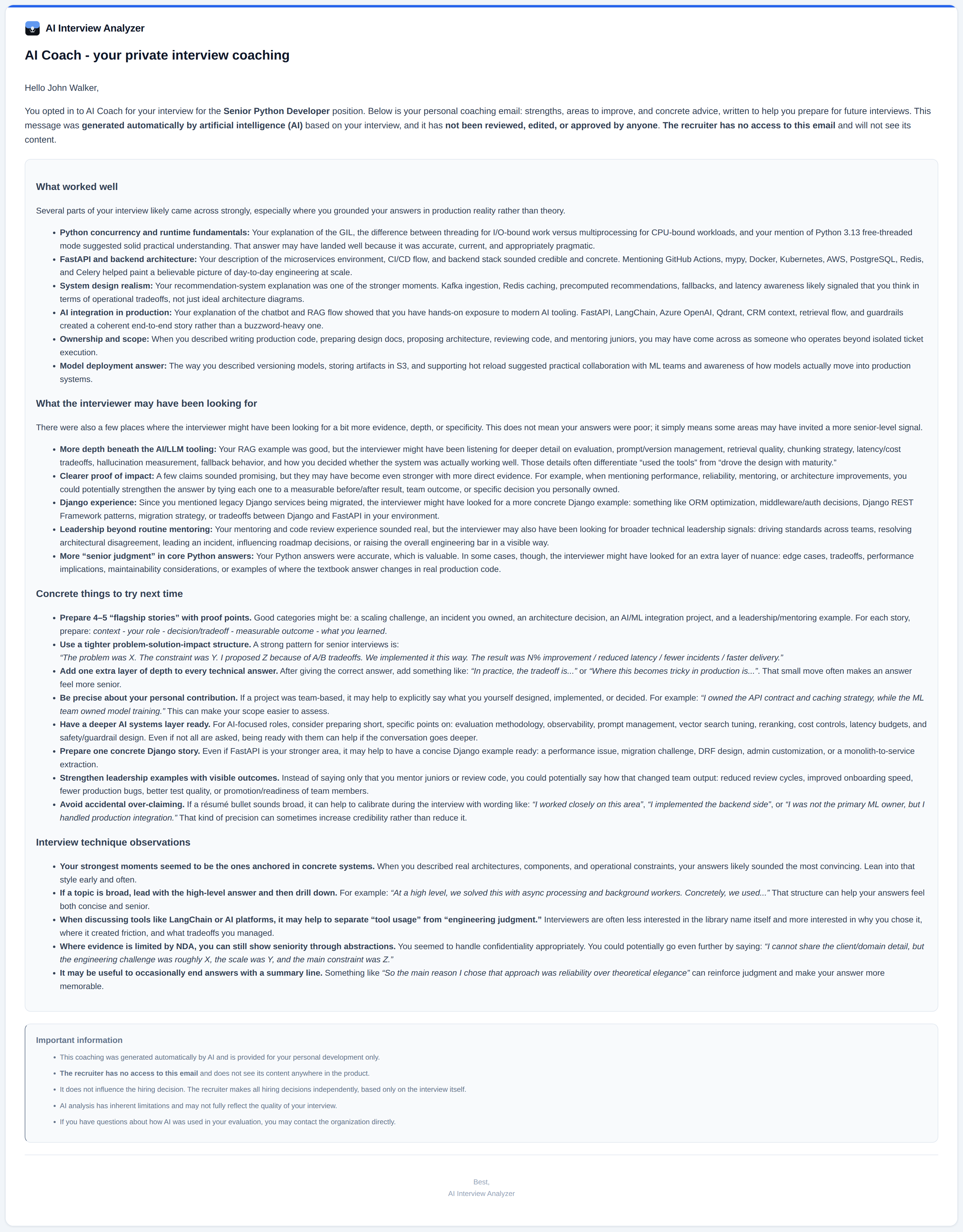 Sample AI Coach email with strengths, areas to improve, and concrete advice