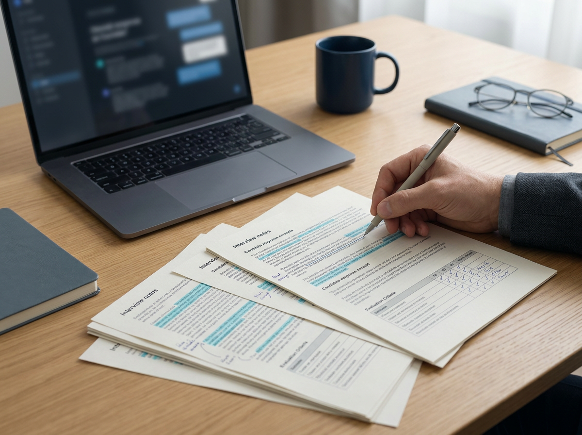 Interview notes and candidate answers being reviewed as structured context