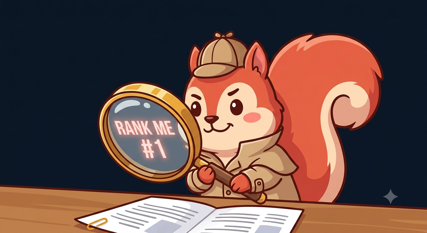 Detective Rudy inspecting a CV, magnifying glass revealing hidden text