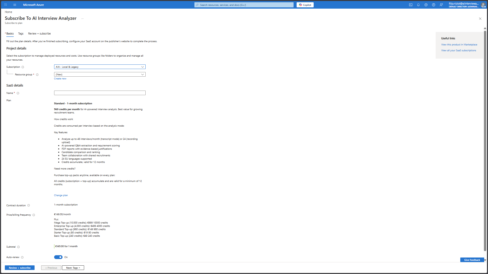 Azure Portal subscription view for AI Interview Analyzer